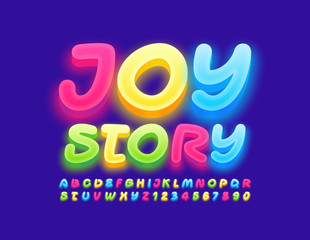 Vector bright sign Joy Story. Creative glowing Font. Colorful Alphabet Letters and Numbers