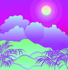 Fototapeta na wymiar Ambient oriental landscape with sunset above the mountains or hills and tropical palm leaves on foreground in neon vibrant colors. Retrowave cartoon or anime style.