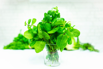  bunch of mint greens in a glass on a background of greenery and a white background. Fresh morning concept of detox, healthy charge of energy with green smoothies