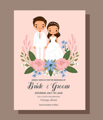 save the date,cute bride and groom couple with flower wedding invitation card template
