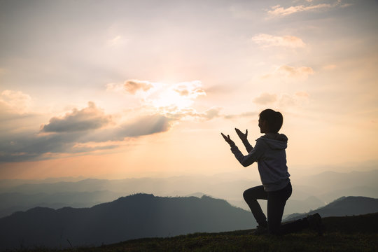 Christian Religion concept background, Human hands open palm up worship. Remembering God and gratitude, Prayer to Go. Christian Religion concept background.