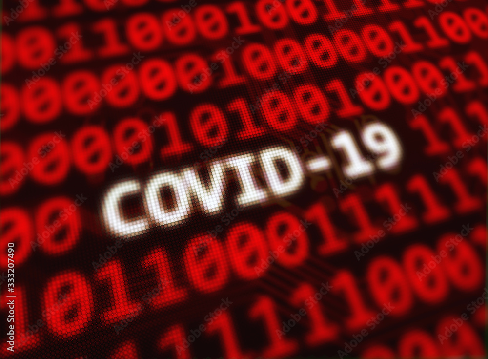 Poster covid-19, the coronavirus scientific code text on random binary code red screen 3d render with focus