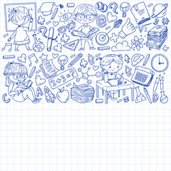 Online learning, education. Back to school. Vector icons and elements for little children, college. Doodle style, kids drawing
