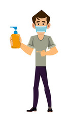 man wearing face mask and showing alcohol gel bottle. covid-19 or coronavirus concept illustration