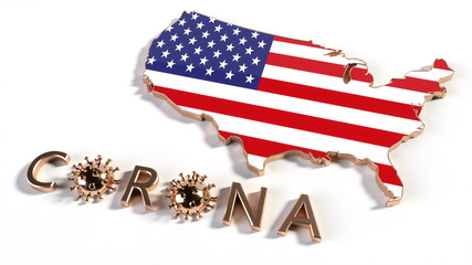 CoronaVirus Epidemic In USA / United States Of America 3D Flag Map. HIV CoronaVirus, Flu. Virus Infection Concept Isolated On The White Background- 3D Illustration