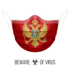 Medical Mask with National Flag of Montenegro. Protective Mask Virus and Flu. Surgery Concept of Health Care Problems and Fight Novel Coronavirus (2019-nCoV) in Form of Montenegrin flag