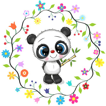 Cute Cartoon Panda in a flowers frame