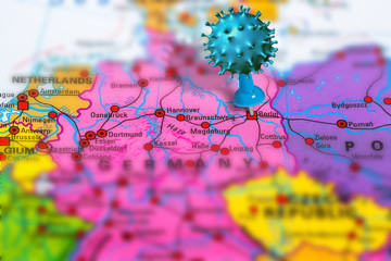 Covid-19 outbreak or new Coronavirus, 2019-nCoV, virus pin in Berlin on map of Germany. Covid 19-NCP virus: contagion and propagation of disease in Germany. Pandemic and viral epidemic.