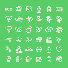 Set of vector White Eco Icons on green in flat thin line style. Ecology, Nature, Energy, Environment and Recycle Icons