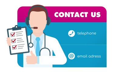 Vector card. Doctor as a prevention available on the phone or e-mail address. Isolated on white background.