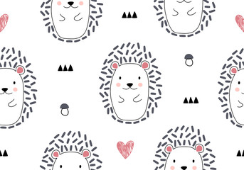 Animal pattern with hedgehog, baby abstract cartoon background,