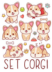 Set cute kawaii hand drawn corgi dog doodles, isolated on white background, clipart,