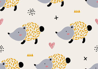 Animal pattern with hedgehog, baby abstract cartoon background,