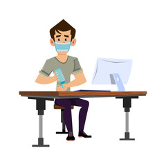 man work from home and wash his had with alcohol gel