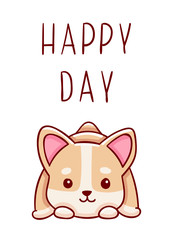 Cute kawaii hand drawn corgi dog doodles, lettering happy day , isolated on white background