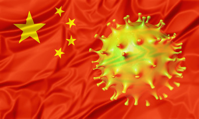Covid-19 outbreak or novel Coronavirus, 2019-nCoV, virus cell on China flag. Covid 19-NCP virus: contagion and propagation of a disease in the People's Republic of China. Pandemic and viral epidemic.