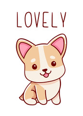 Cute kawaii hand drawn corgi dog doodles, lettering lovely , isolated on white background