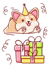 Happy birthday, cute kawaii hand drawn corgi dog and gift doodles, isolated on white background