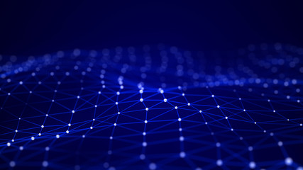 Abstract dots background. Big data visualization. Futuristic dynamic wave on blue background. 3D rendering.