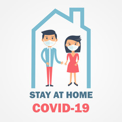 Shelter in place icon. Pandemic of coronavirus and social distancing symbol. Stay at home Covid-19 text and house logo. Self isolation in home poster, banner, card design.