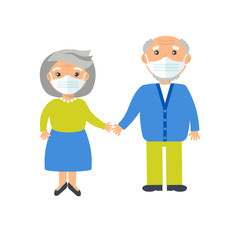 High risk group,elderly people, coronavirus or nCov-2019 virus infection. Female and male cartoon characters holding hands and wearing hygenic face mask for protection on white background