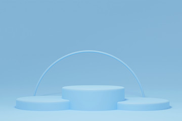 Step blue cube podium platforms for cosmetic product presentation. 3d rendered illustration with geometric shapes. mock up minimal design with empty space. Abstract composition modern