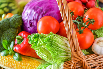 Assortment of raw fruits and vegetables, fresh mix vegetable.