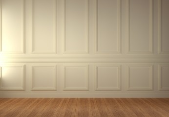 White Wainscot Wall Blank Room, 3D Render