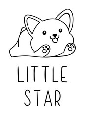 Coloring pages, black and white cute kawaii hand drawn corgi dog doodles, lettering little star