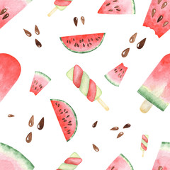Seamless pattern of Watercolor set with watermelon slices, popsicles. Raster hand drawn illustration