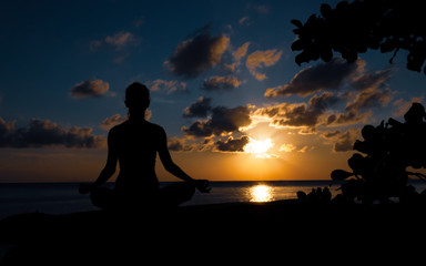 Serenity and yoga practicing in twilight sunset time, meditation