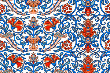 Traditional Arabic ornament seamless for your design. Floral ornamental seamless pattern for ceramic tile, desktop wallpaper, interior decoration, wrapping paper, graphic design and textile. Iznik.