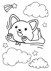 Coloring pages, black and white cute kawaii hand drawn corgi dog super hero doodles,