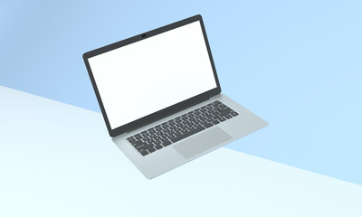 3D realistic laptop mockup. Float or levitate laptop. Top view Laptop with blank white display, device screen frame and grey laptop on the light white background. 3D Mock up for your design. 