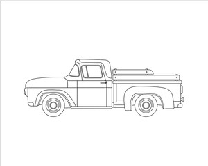 Contour old farmer retro pickup truck isolated on white background. Vintage transport car