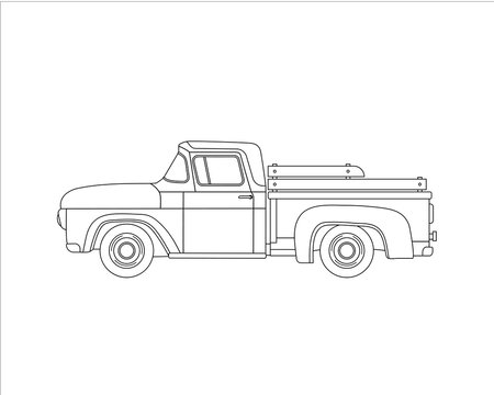Contour old farmer retro pickup truck isolated on white background. Vintage transport car