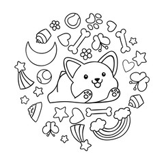 Coloring pages, black and white cute kawaii hand drawn corgi dog doodles, circle print ,