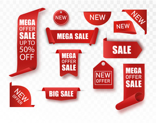 Price tags vector collection. Ribbon sale banners isolated. New collection dig mega sale offers.