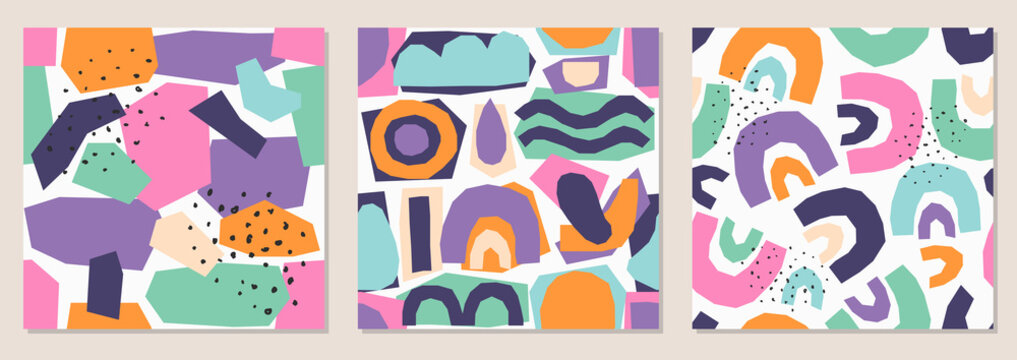 Set Of Seamless Pattern Background With Abstract Paper Cut Shapes, Contemporary Collage Style