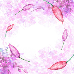 Watercolor background, greeting card, with a picture of wild pink flowers, grass, tulip, abstract spots. A beautiful, fashionable illustration. Whirlwind of pink flowers, daisy,cornflower,tulip,willow
