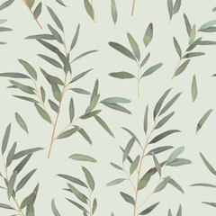 Seamless pattern with different branches of Eucalyptus radiata on a light green background. Vector illustration of greenery, foliage and natural leaves. Template for floral textile design