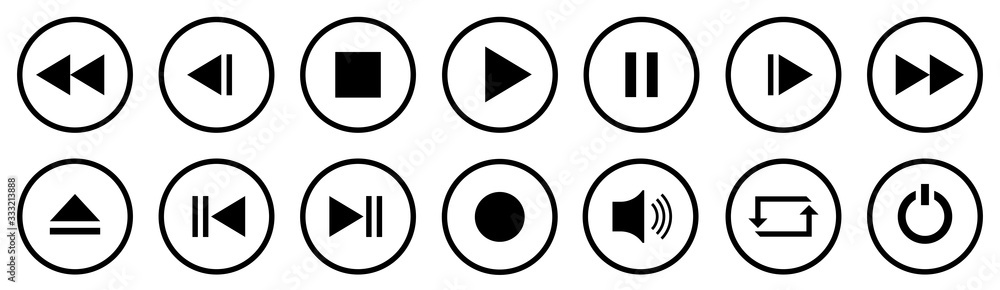 Poster media player buttons set. media player icons in circle isolated . vector.