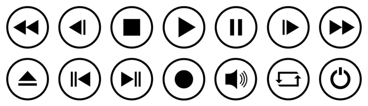 Media Player Buttons set. Media Player icons in circle isolated . Vector.