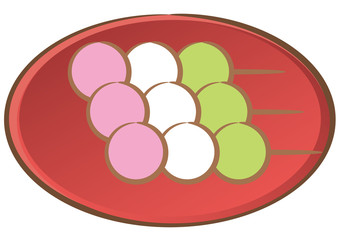 三色団子と赤い丸皿のセット