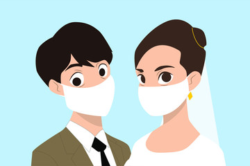 Bride and groom in a wedding dress and with a veil in masks from coronavirus. Vector illustration. EPS 10.