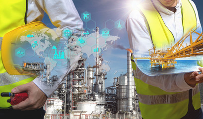 Industry 4.0 concept,Oil refining process of refinery plant and offshore drilling crude oil rig,...