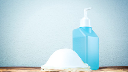 Medical surgical masks and hand sanitizer gel with alcohol for hands as hygiene corona virus protection and prevention. Shortage of medical protective supply during epidemic of respiratory disease