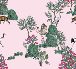 Isolated Groups of Exotic Birds, Leopard in Blooming Oleander Trees on Pink Background, Oriental Wildlife Wallpaper Design, Little Flowers Groups of Plants Hand Drawn Print