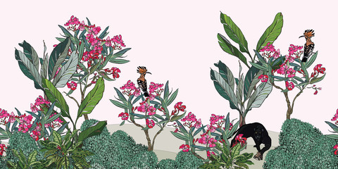 Seamless Border Oleander Blooming Garden Palm Trees with Black Pantera and Hoopoe Birds, Panorama View Spring Blooms Pink Flowers, Floral Mural, Hand Drawn Illustration Paradise, Wildlife in Tropics © Irina