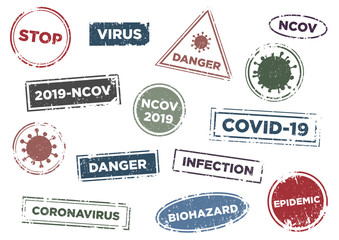 Stop virus infection text stamp template. Set stamps design element. Vector illustration.